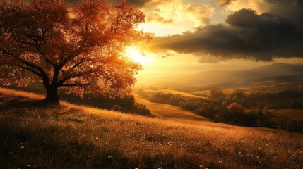 A lone tree on a hilltop, bathed in the golden glow of sunset.