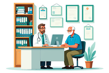 Medical consultation with a senior man in a doctor's office vector illustration