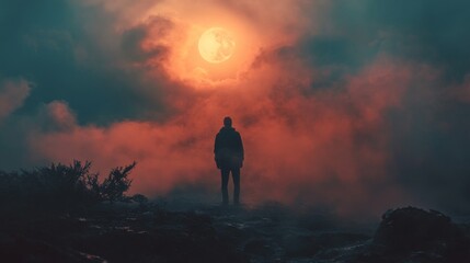 Obraz premium A man stands alone on a foggy hilltop under a fiery sunset.