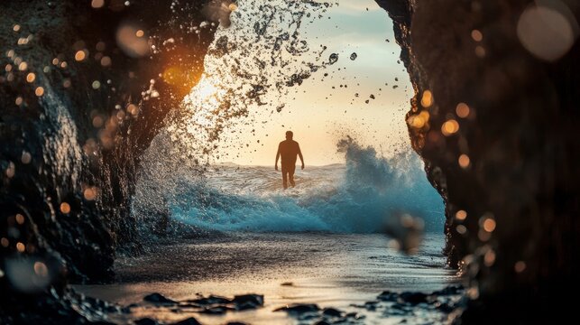 A man walking into the ocean from a cave at sunset. - Powered by Adobe