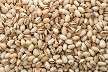 Tasty unpeeled pistachios as background, top view flat lay background