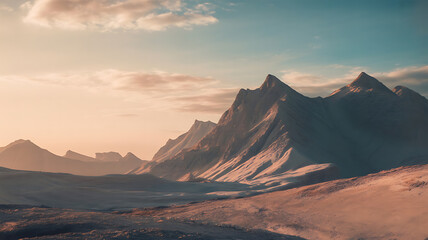 Naklejka premium Vast mountain range bathed in golden sunset light. 