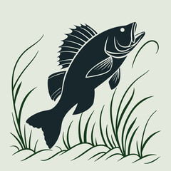 Vector art of bass fish jumping out of water with grass