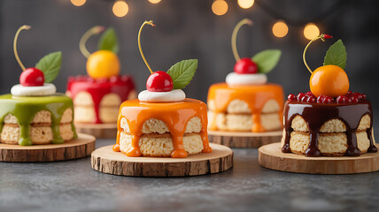 Colorful mini cakes with dripping glaze, festive and delicious.
