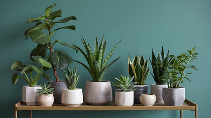 Fototapeta premium A variety of houseplants arranged on a gold metal shelf. 