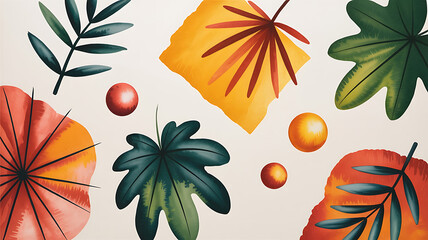 Colorful leaves and abstract shapes on a white background.
