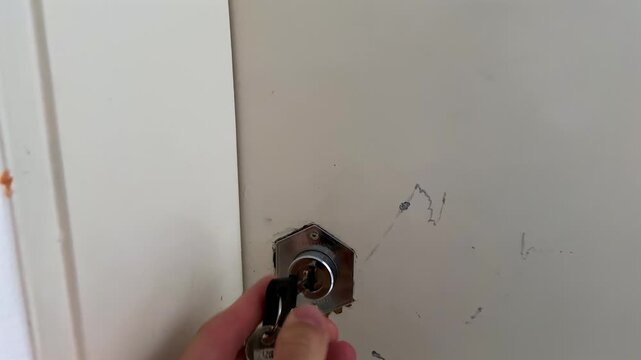Hand locking door with key after closing, security action concept