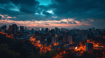 Obraz premium Dramatic cityscape with storm clouds over the city at night.