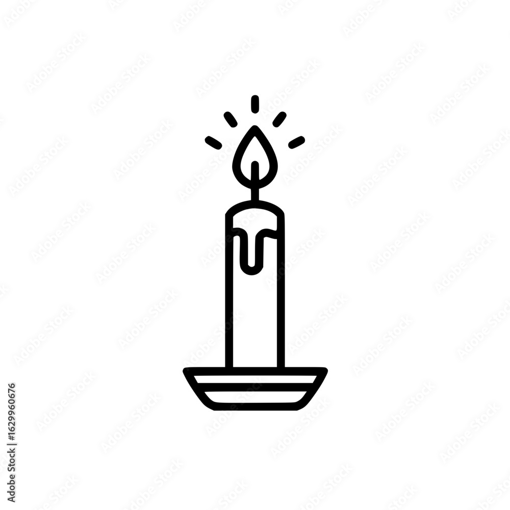 Poster simple vector linear icon of a candle with flame on holder in minimalist line art style