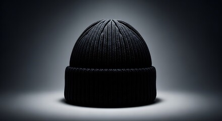 A classic black knit beanie hat is dramatically lit against a dark background