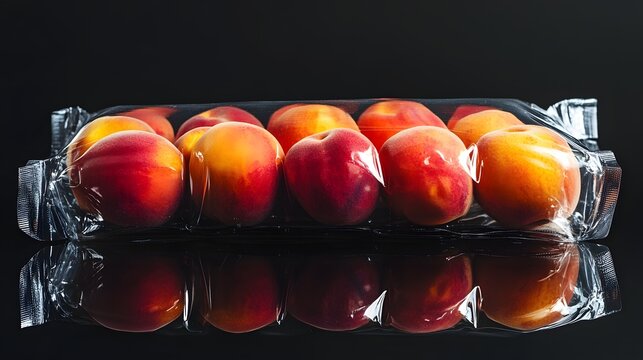 Photograph of peaches in a clear plastic clamshell container against a dark background.