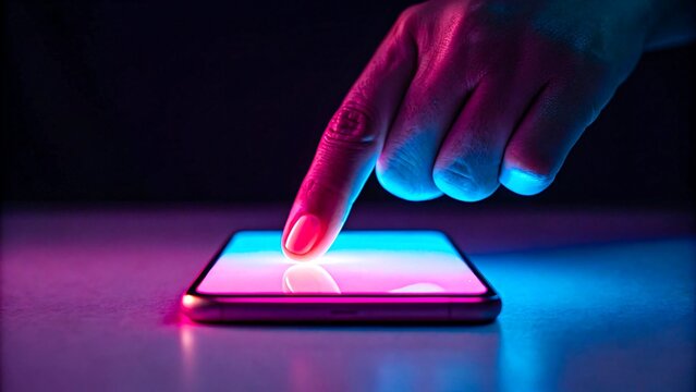 Finger touching glowing smartphone screen with neon light in dark background
