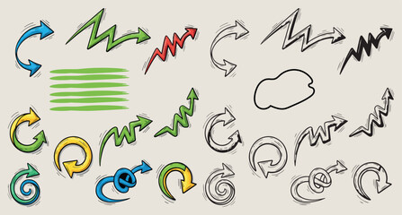 Collection of hand drawn colorful and black and white arrows and scribbles representing direction movement progress and abstract concepts