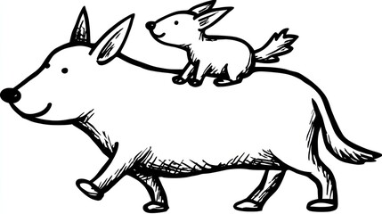 Obraz premium Simple black and white sketch of a large dog with a small dog on its back