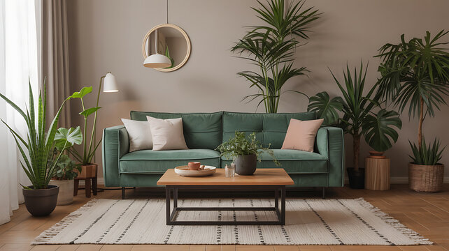 Green velvet sofa, plants, and a neutral color scheme. Cozy living room.
