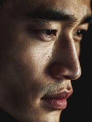 Obraz premium Close-up portrait of a young Asian businessman with a pensive expression, standing against a solid black background with soft rim lighting outlining his facial features.