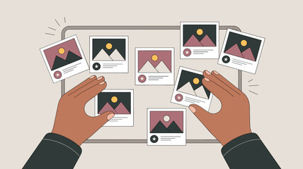 photographer's hands curating a photo portfolio on a tablet vector illustration