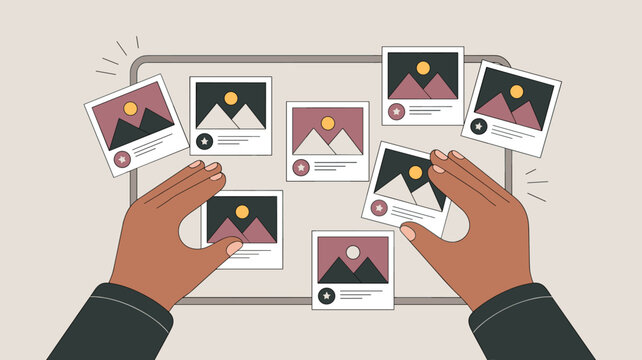 photographer's hands curating a photo portfolio on a tablet vector illustration