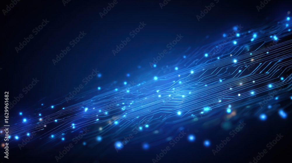 Poster abstract digital background with glowing blue dots and circuit board lines