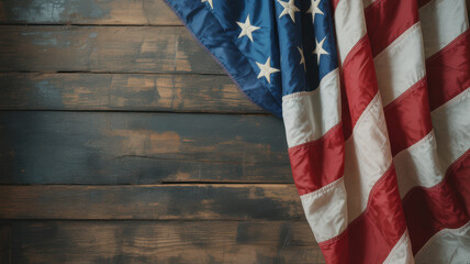 American flag on rustic wooden background with vintage texture and detail