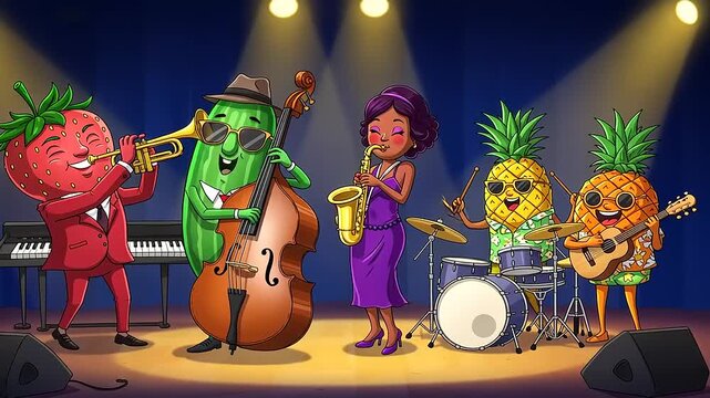 Colorful cartoon fruit band performing lively jazz music on stage with vibrant background lights