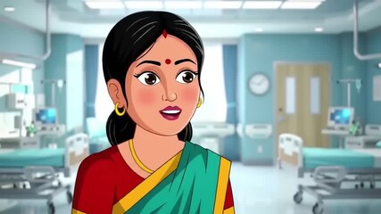 Animated woman in a hospital setting, wearing traditional attire, expressing concern while discussing health issues