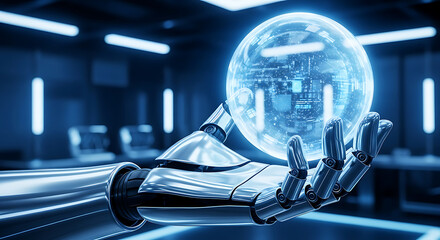 Robotic arm holding a glowing orb with circuit patterns, in a futuristic, high-tech setting.