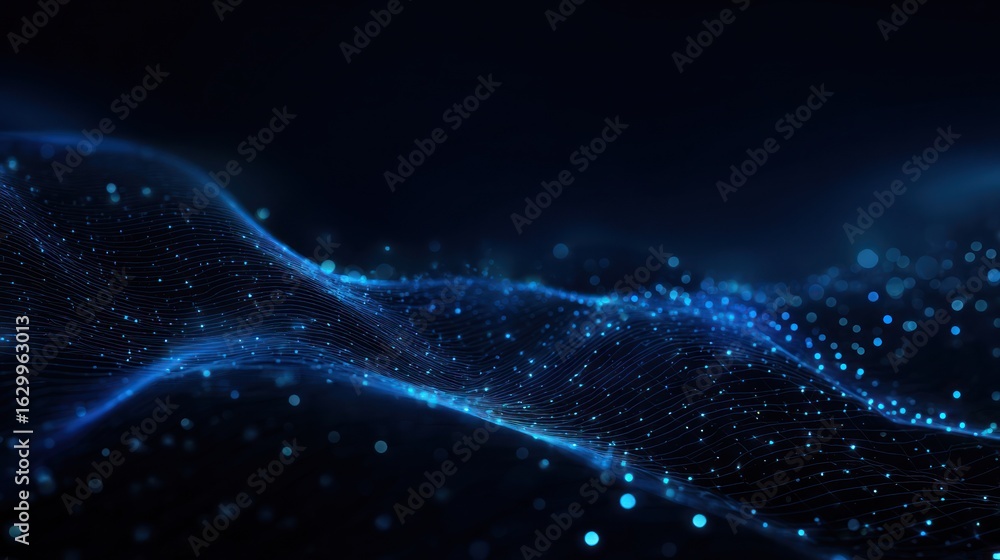 Poster abstract blue dotted waves shimmer and fade into a dark background, creating depth