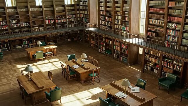 A serene library with wooden tables and green chairs, sunlight streaming through windows
