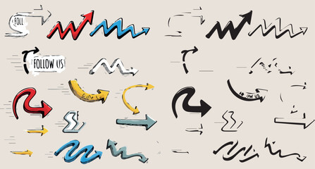 Collection of abstract hand drawn arrows and charts symbolizing growth progress and financial trends with vibrant colors