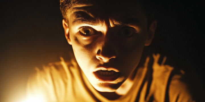 Close-up of a boy with a shocked expression in darkness Generative AI