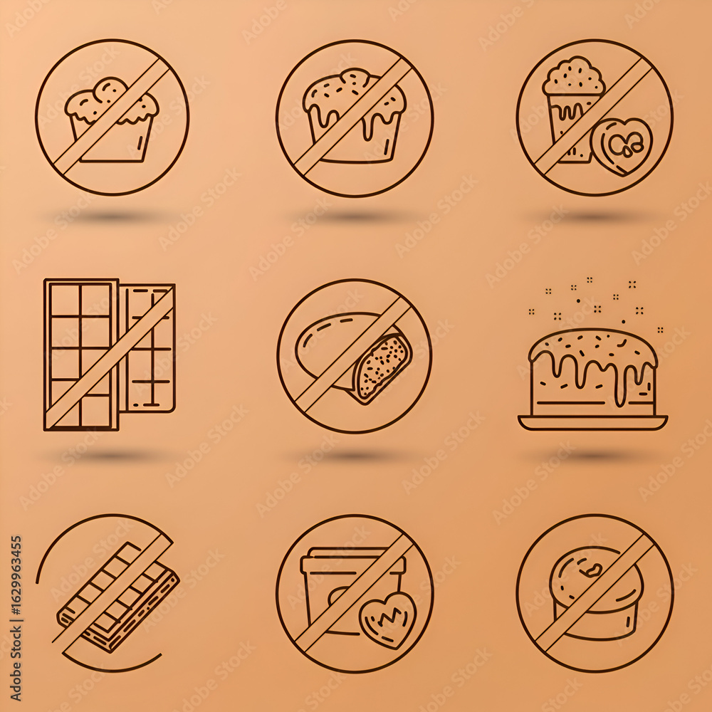 Poster food items prohibited for dietary reasons on a light beige background. outline icons of various trea