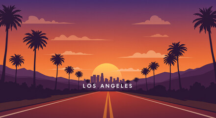Scenic drive to Los Angeles with palm tree silhouettes against a beautiful orange and purple sunset sky. Travel illustration.