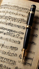 Elegant black and gold pen rests on vintage sheet music, evoking creativity and classic composition