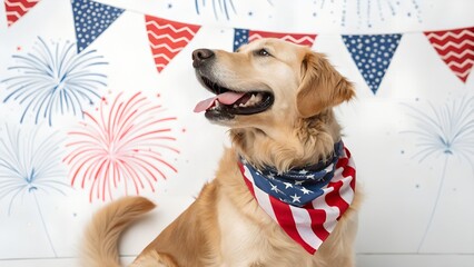 Golden Retriever Dog with American Flag Bandana Celebrating 4th of July