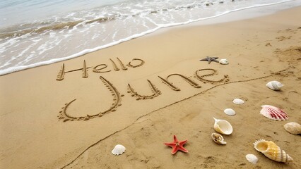 Hello June written in the sand on a beach with seashells and a starfish