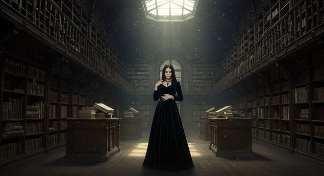 A woman in a long black dress stands in a dimly lit library with rows of bookshelves and reading desks under a bright overhead light.