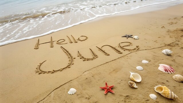 Hello June written in the sand on a beach with seashells and a starfish