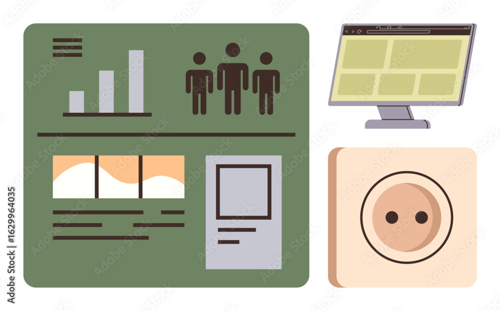 Poster data analytics dashboard with bar graph, team figures, content panels, web page on monitor screen, a
