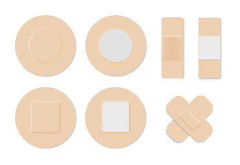 Medical plasters. Bandages set. Adhesive bandage for first aid for wounds operations and skin injuries. Protecting open wound from infection. Vector