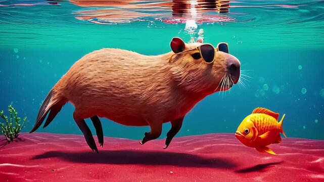 A capybara wearing sunglasses swims underwater alongside a vibrant goldfish in a colorful setting