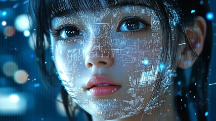 Close-up of a young person's face with digital overlay. - Powered by Adobe