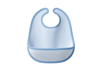 Light-blue baby bib with a rounded, scooped shape and a contrasting border