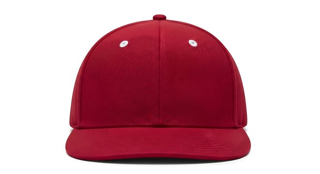A red baseball cap with a flat brim and white stitching, isolated on a white background