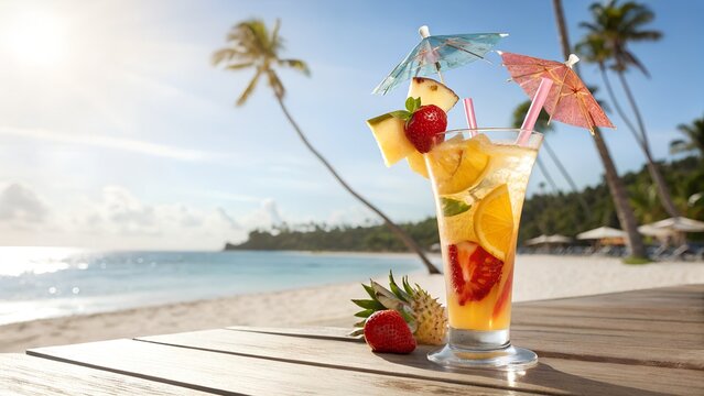 3d render tropical drink. summer background with sunlight.