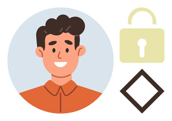 Close-up of a smiling young man, yellow lock icon, and diamond shape conveying security, identity, privacy. Ideal for cyber protection, user accounts, confidentiality, personal data trust simple