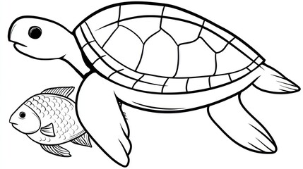 Black and white illustration of a turtle with a fish