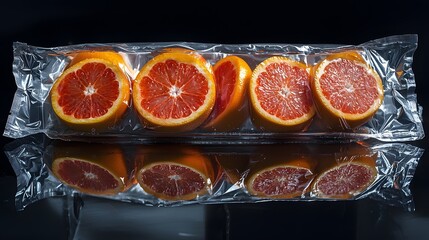 Photograph of six grapefruit slices contained within a clear plastic packaging.