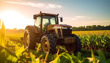 A powerful farm tractor stands in a vibrant green crop field under a golden sunset sky, symbolizing agriculture, harvest, and rural life.