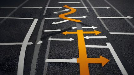 Individuality and Strategy Concept A Winding Orange Arrow Forges a Unique Path Forward Amidst a Grid of Conventional Choices.